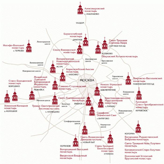 Les monastères de Moscou opérant sur la carte